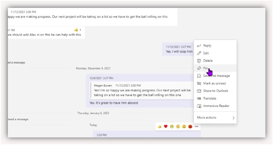 Microsoft Teams Pin chat messages